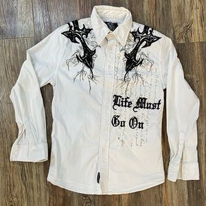 White w/black ROAR “Life Must Go On” casual button down long sleeve shirt